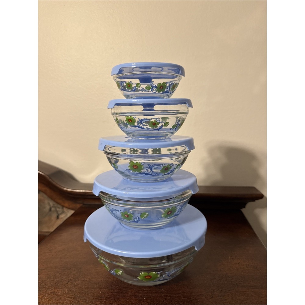 10 Pc. Glass Storage Nesting Bowl Set With Floral Pattern vintage Durable